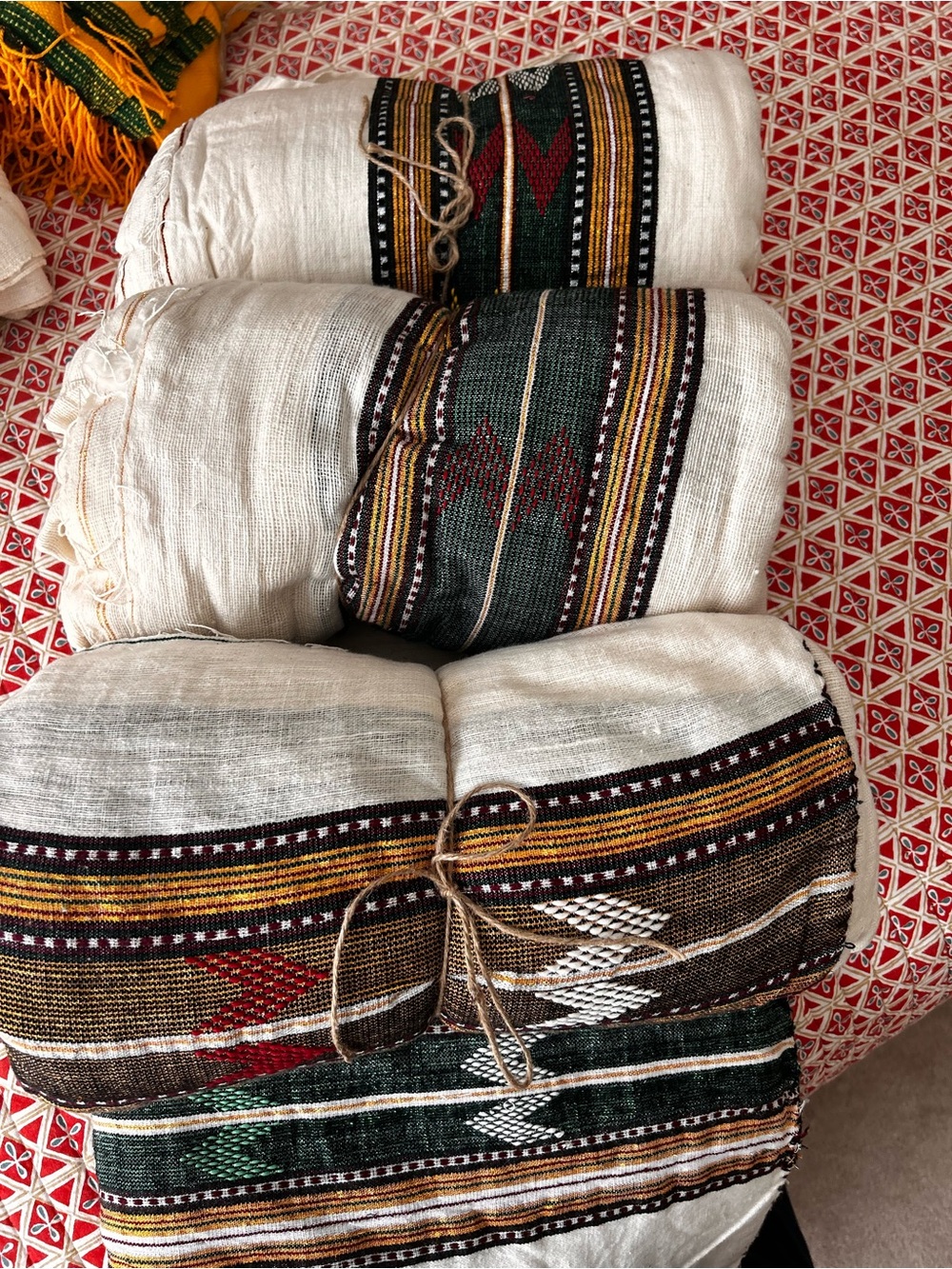 Handwoven Ethnic Stripe Cotton Throw Blanket - Cream, Green, Brown, Red